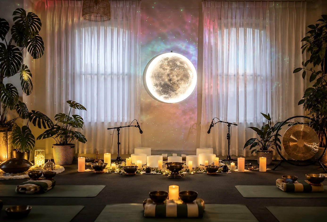 Mystic Wellness gathering with moon light, bowls, candles, and guests resting in practice