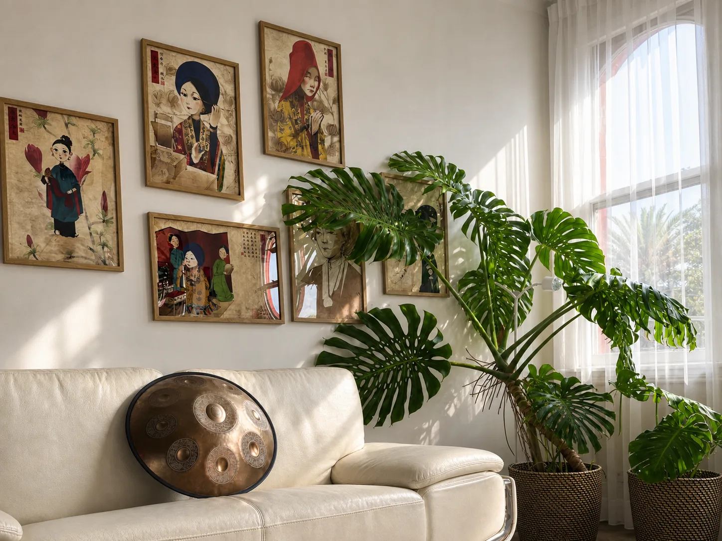 Mystic Wellness studio rental lounge with artwork, plants, and handpan in Petersham